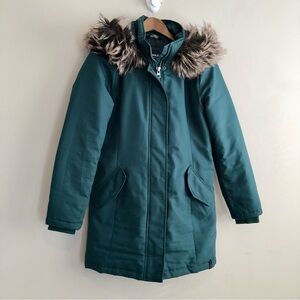 Only Teal Green Parka Coat with Faux Fur Hood